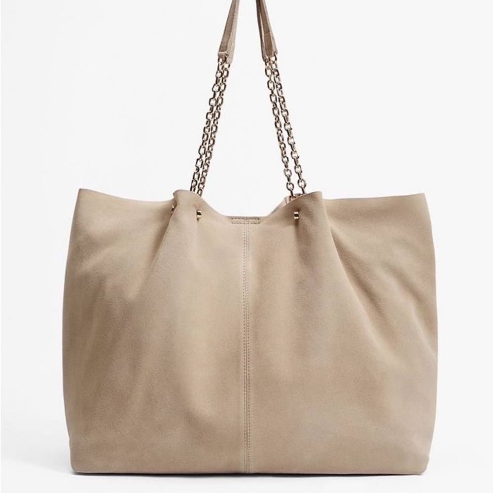Mango Beige Suede Chain-Handle Shoulder Tote